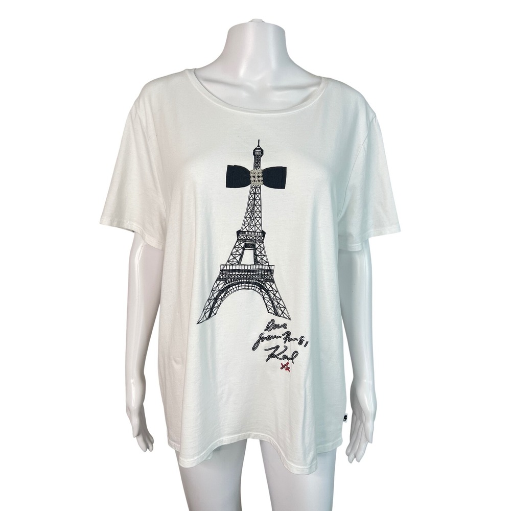 Karl Lagerfeld Paris Women Top Eiffel Tower Graphic Tee Sequin White Size XL